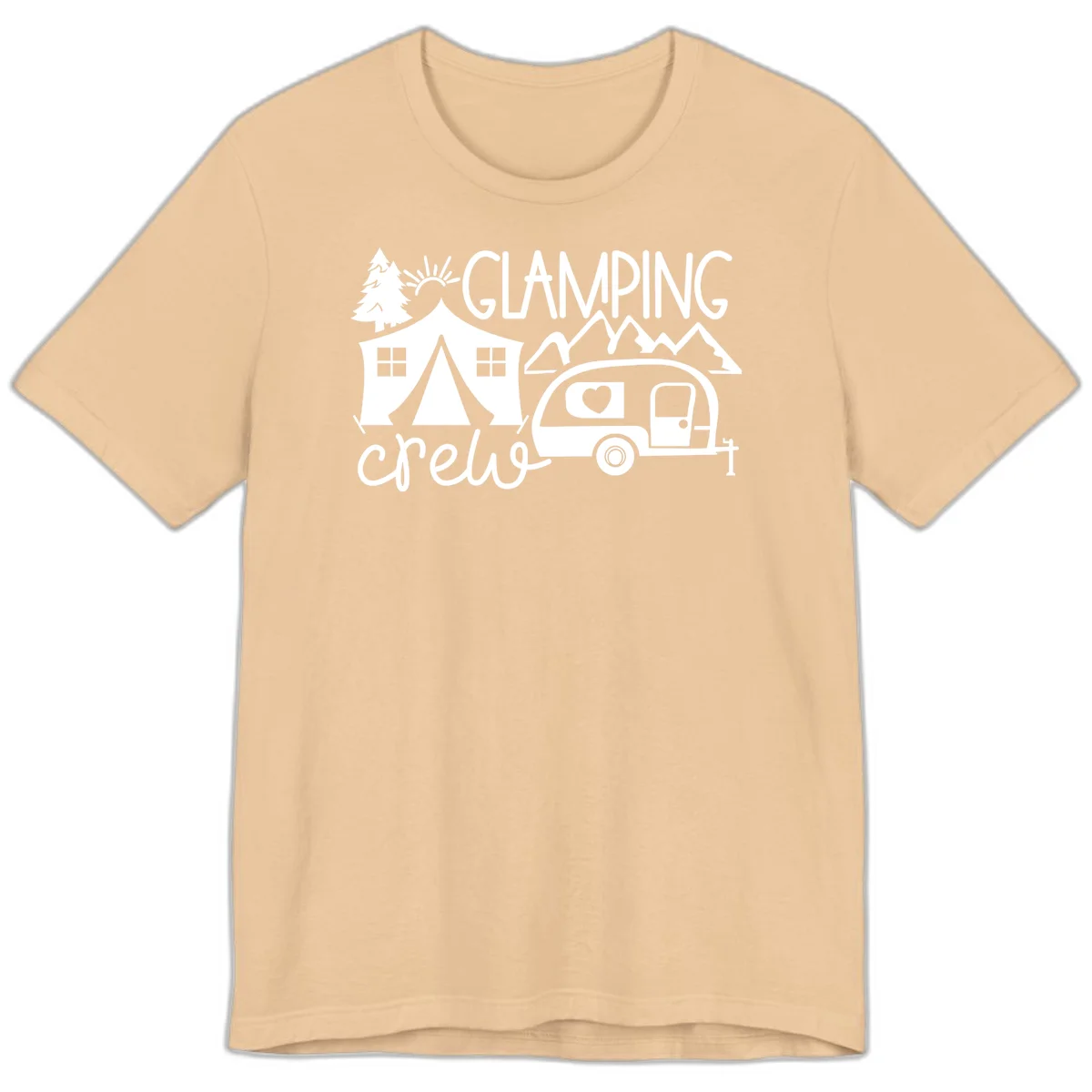 Glamping crew design with tent, travel trailer, mountains, tree and sun on gray background in Sand Dune