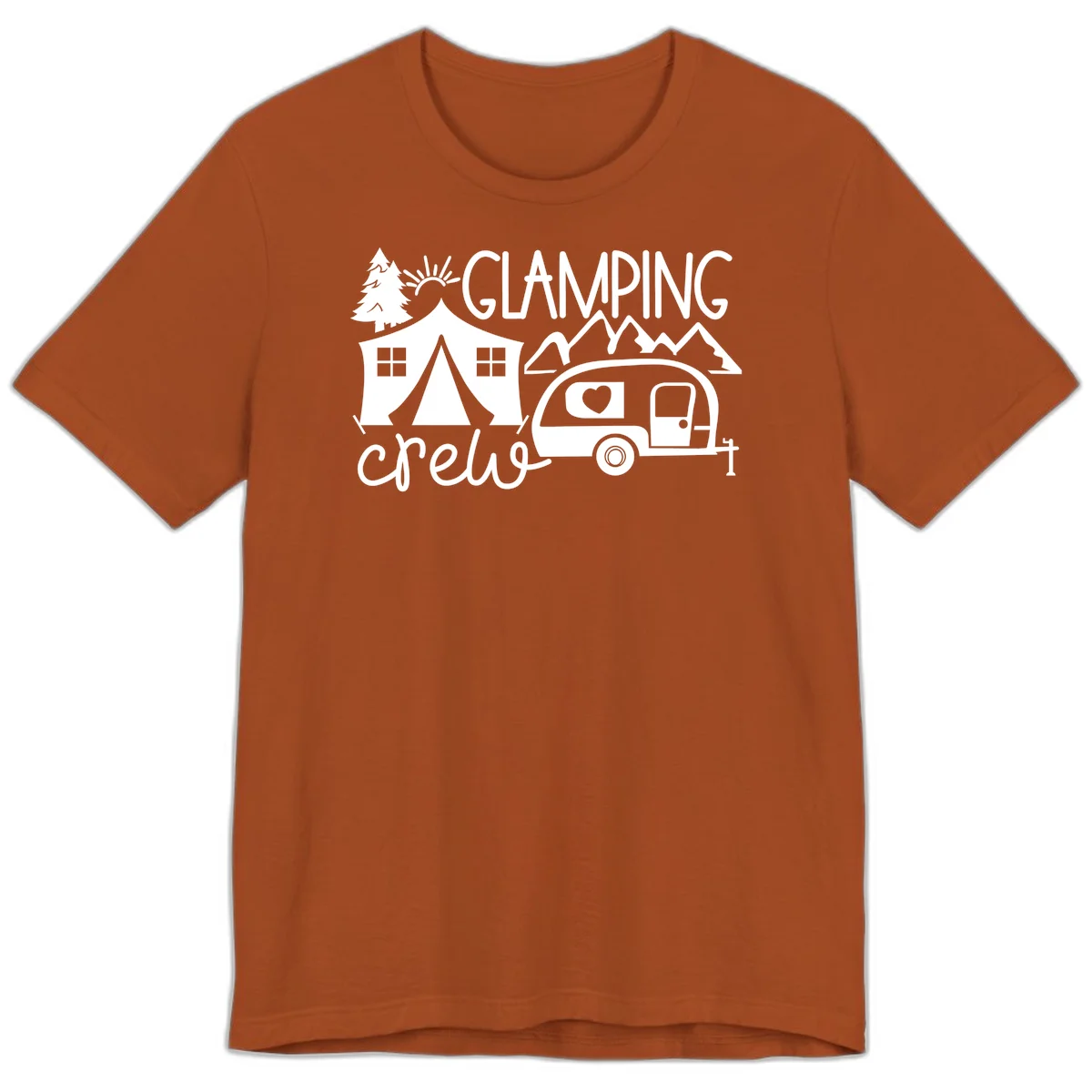 Glamping crew design with tent, travel trailer, mountains, tree and sun on gray background in Autumn
