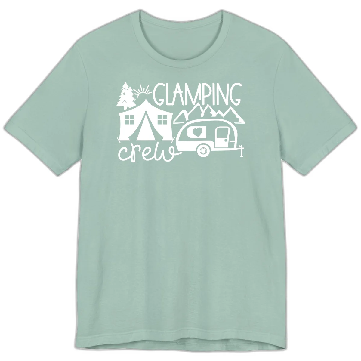 Glamping crew design with tent, travel trailer, mountains, tree and sun on gray background in Dusty Blue
