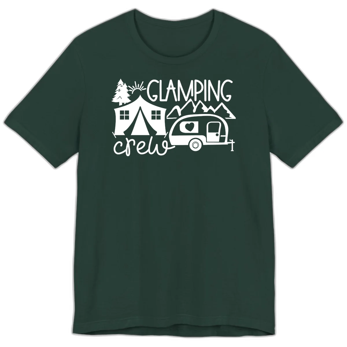 Glamping crew design with tent, travel trailer, mountains, tree and sun on gray background in Forest