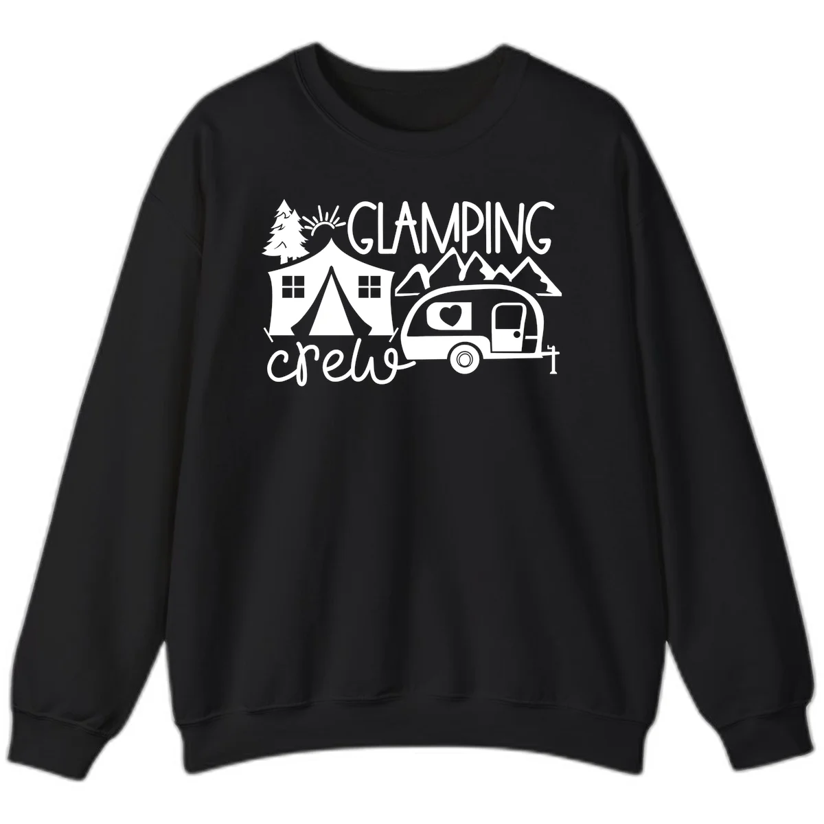 Glamping crew design with tent, travel trailer, mountains, tree and sun on gray background in Black