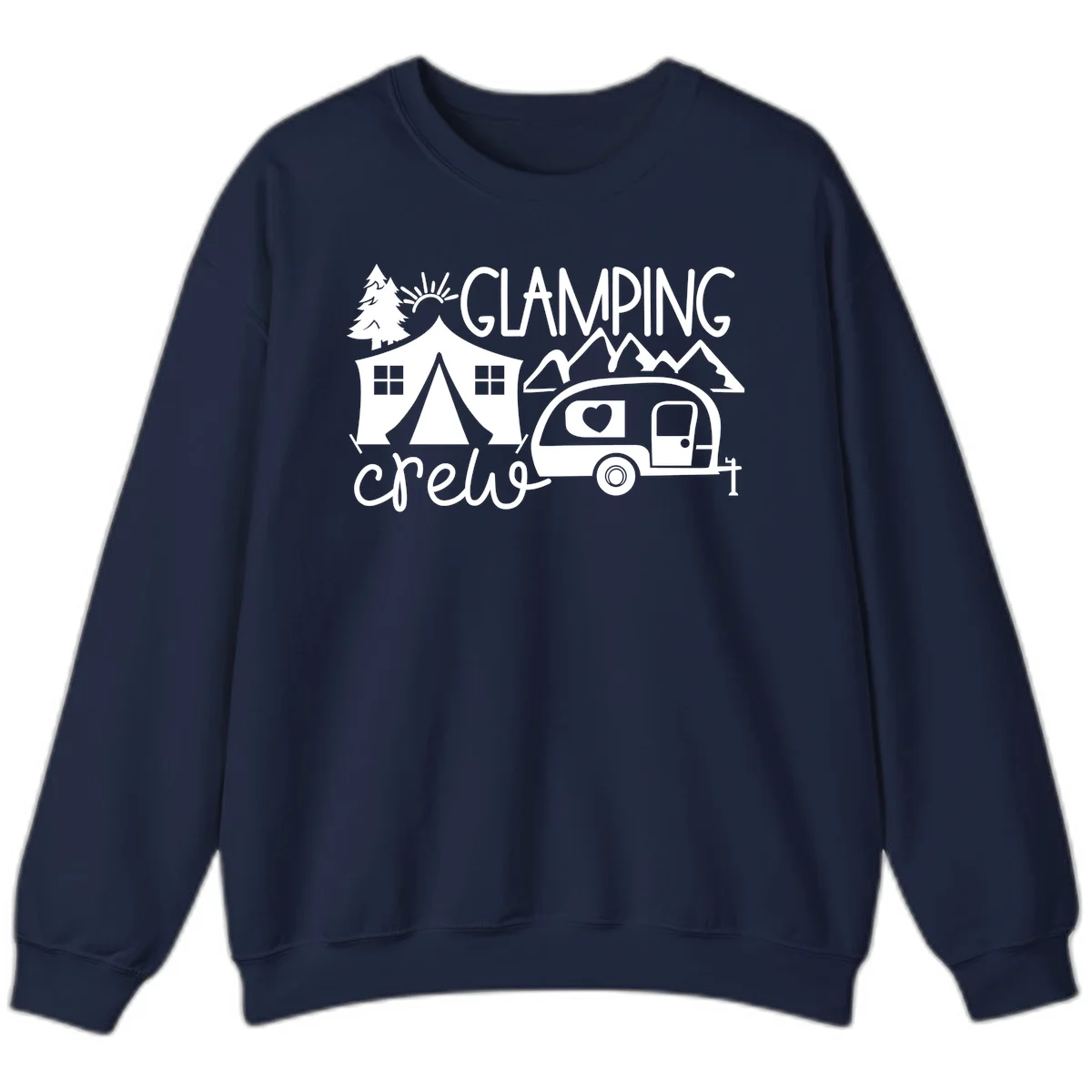 Glamping crew design with tent, travel trailer, mountains, tree and sun on gray background in Navy