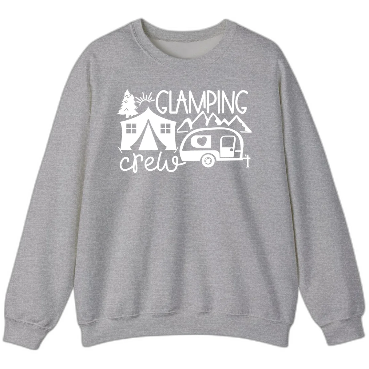 Glamping crew design with tent, travel trailer, mountains, tree and sun on gray background in Sport Grey