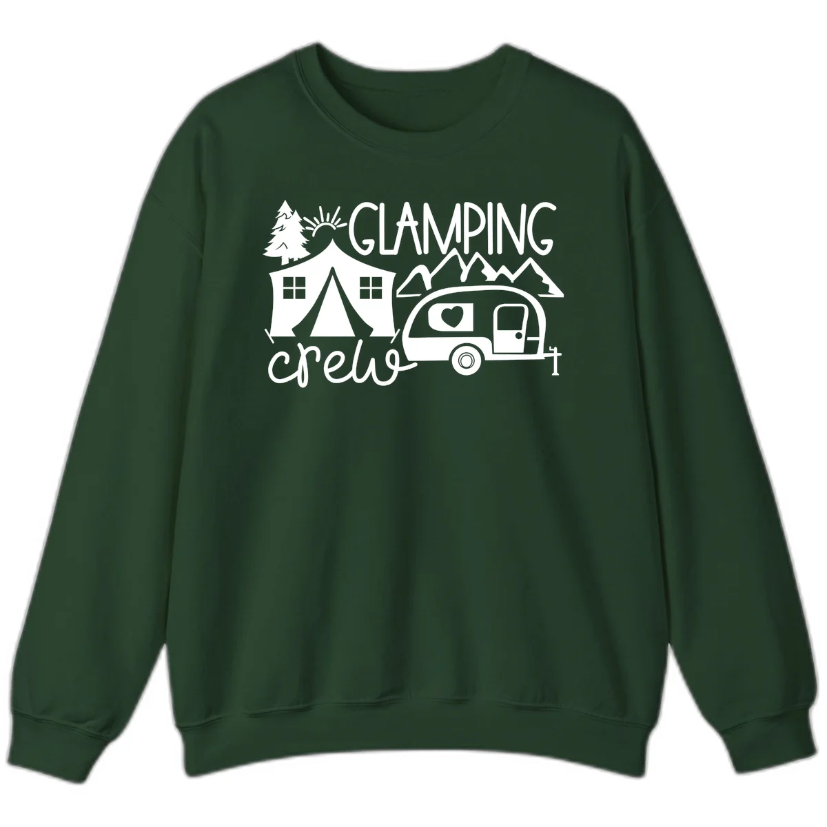 Glamping crew design with tent, travel trailer, mountains, tree and sun on gray background in Forest Green