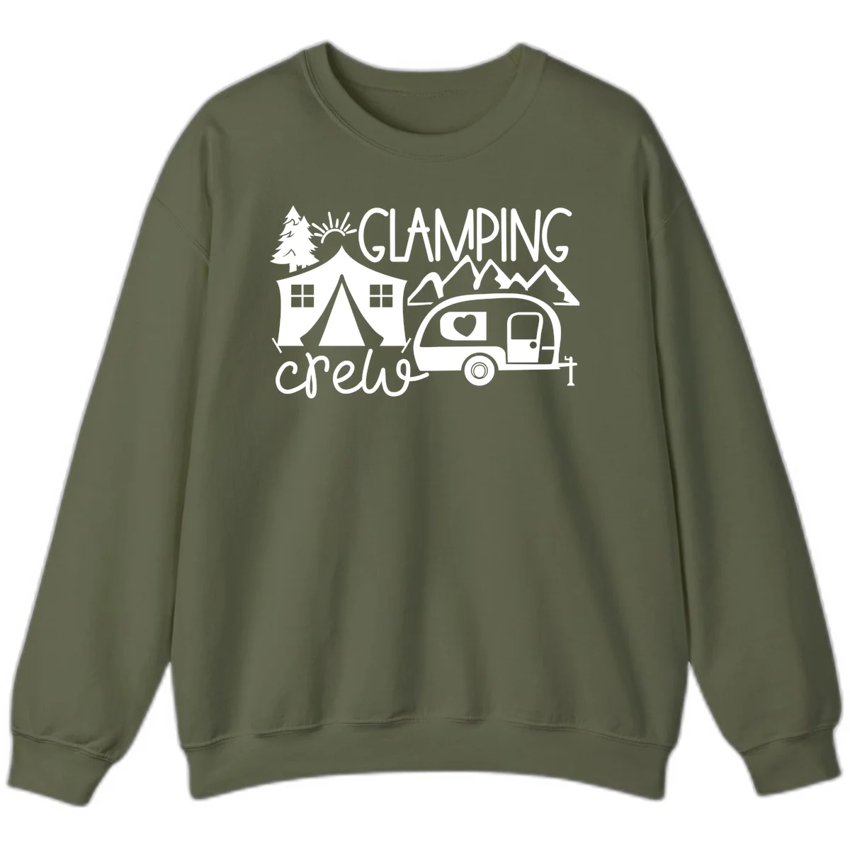 Glamping crew design with tent, travel trailer, mountains, tree and sun on gray background in Military Green