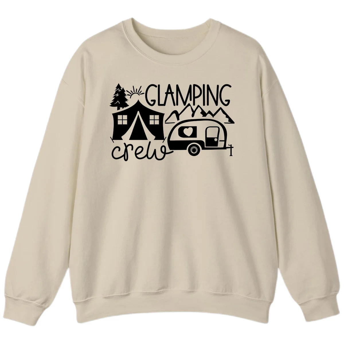 Glamping crew design with tent, travel trailer, mountains, tree and sun on gray background in Sand