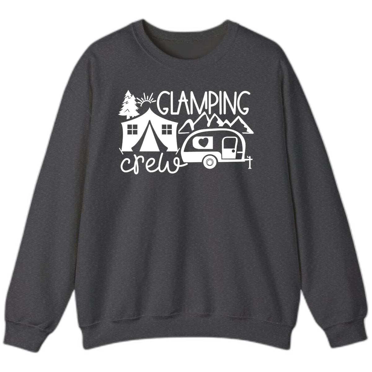 Glamping crew design with tent, travel trailer, mountains, tree and sun on gray background in Dark Heather