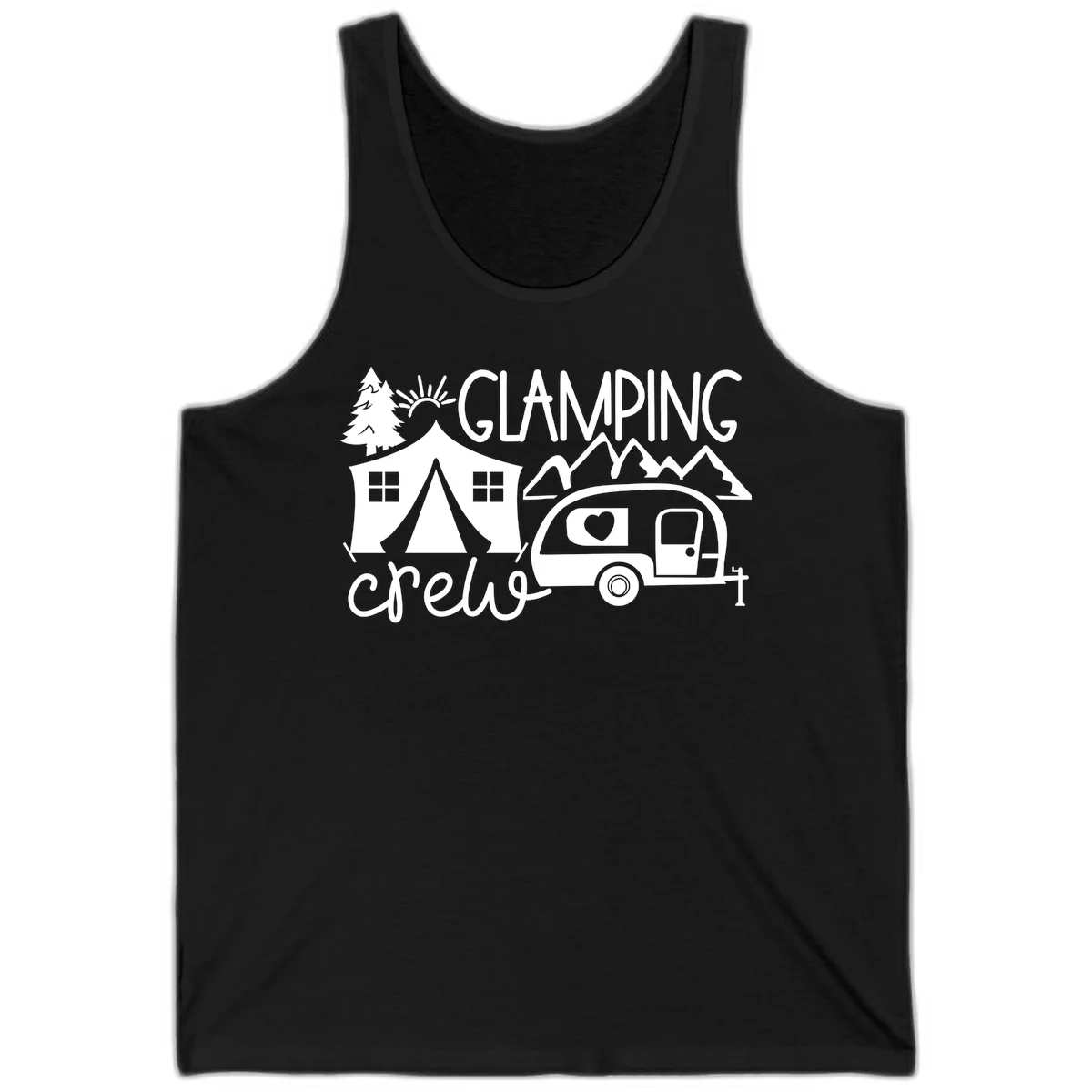 Glamping crew design with tent, travel trailer, mountains, tree and sun on gray background in Black