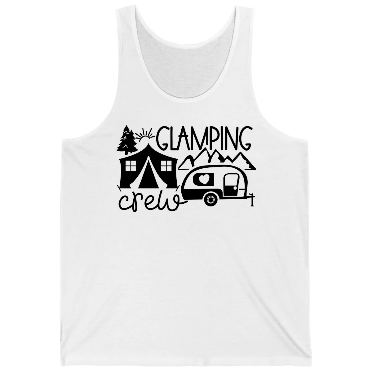 Glamping crew design with tent, travel trailer, mountains, tree and sun on gray background in White