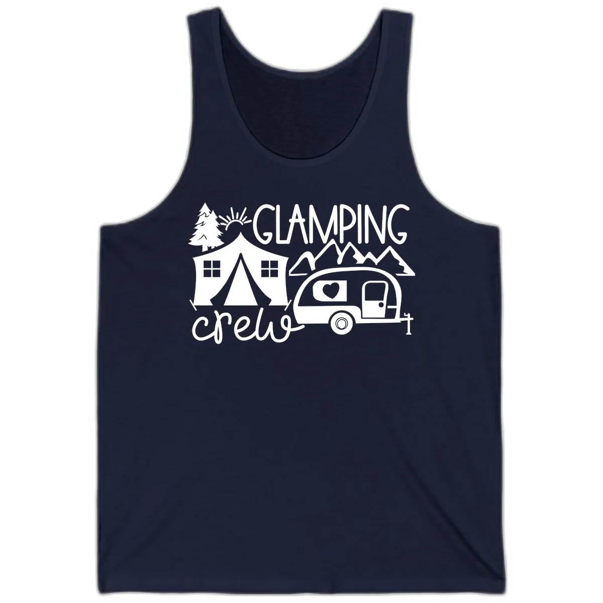 Glamping crew design with tent, travel trailer, mountains, tree and sun on gray background in Navy