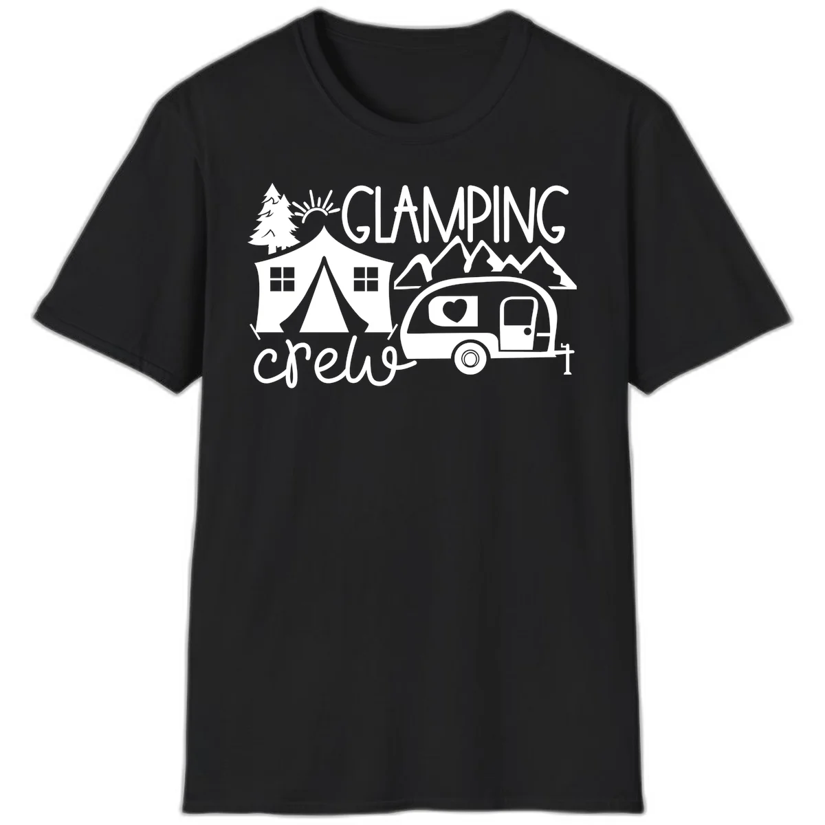 Glamping crew design with tent, travel trailer, mountains, tree and sun on gray background in Black