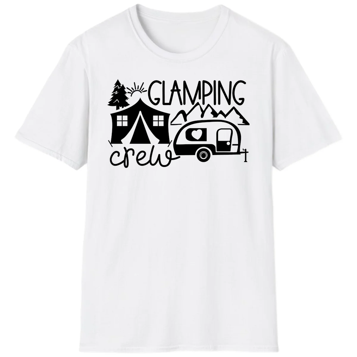 Glamping crew design with tent, travel trailer, mountains, tree and sun on gray background in White