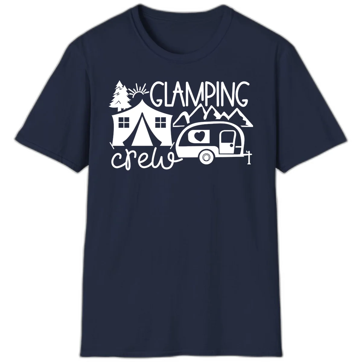 Glamping crew design with tent, travel trailer, mountains, tree and sun on gray background in Navy