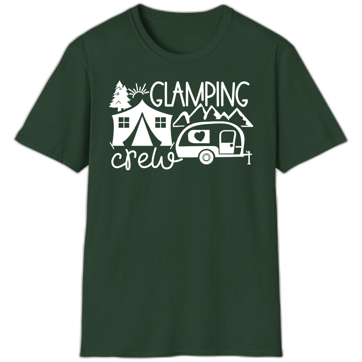 Glamping crew design with tent, travel trailer, mountains, tree and sun on gray background in Forest Green