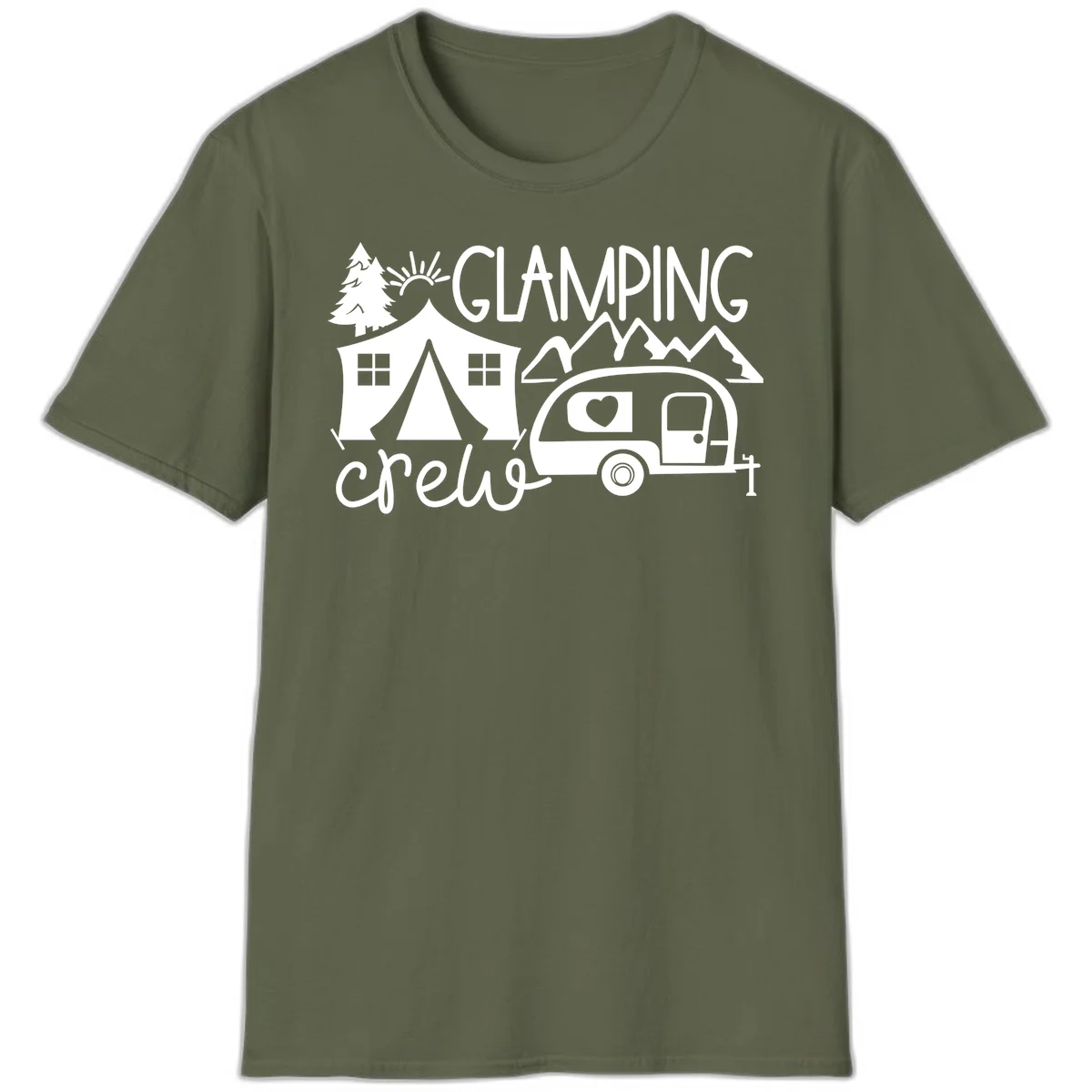 Glamping crew design with tent, travel trailer, mountains, tree and sun on gray background in Military Green