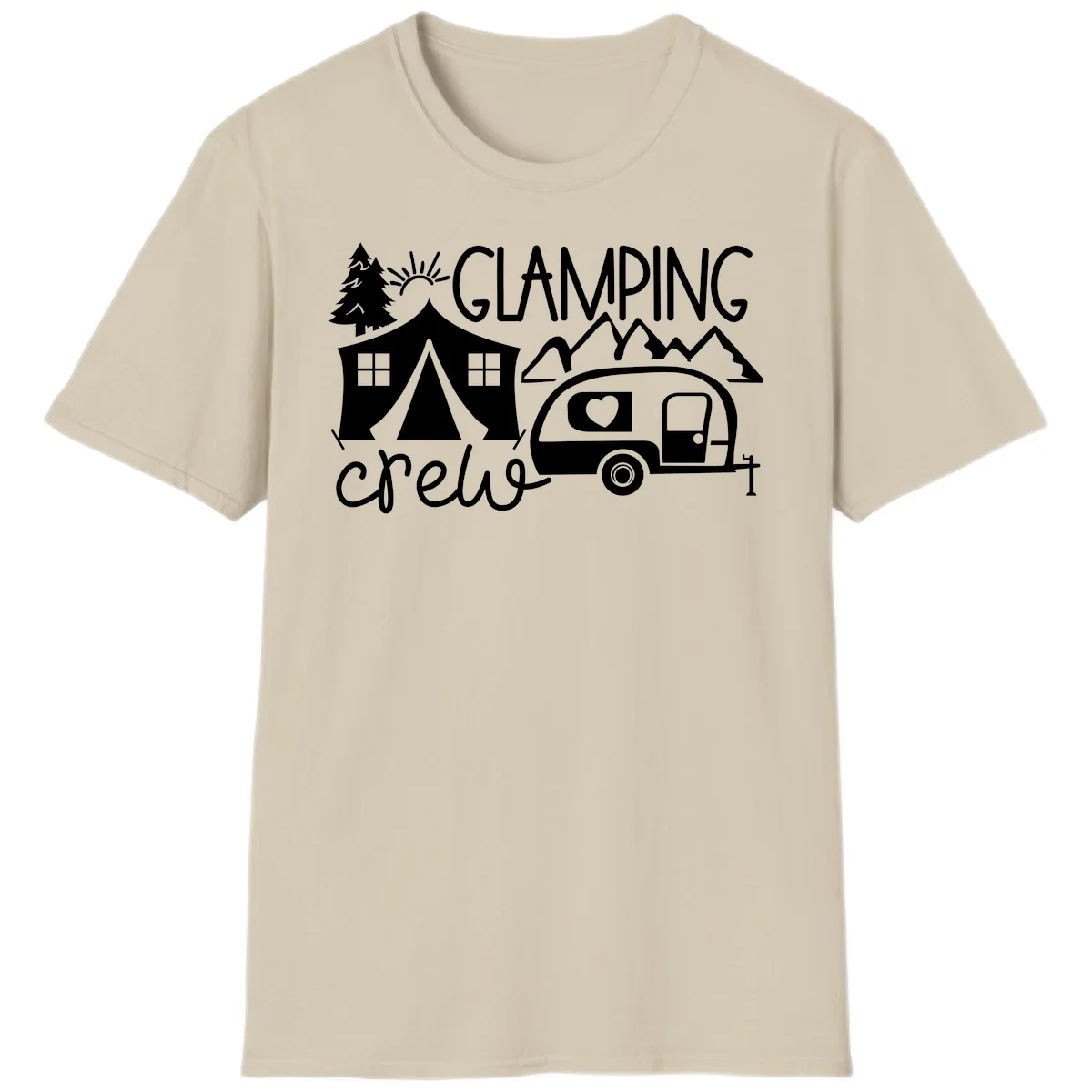 Glamping crew design with tent, travel trailer, mountains, tree and sun on gray background in Sand