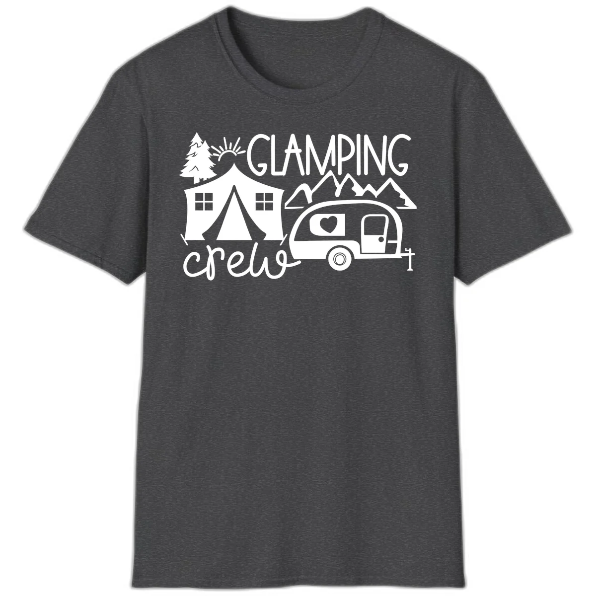 Glamping crew design with tent, travel trailer, mountains, tree and sun on gray background in Dark Heather