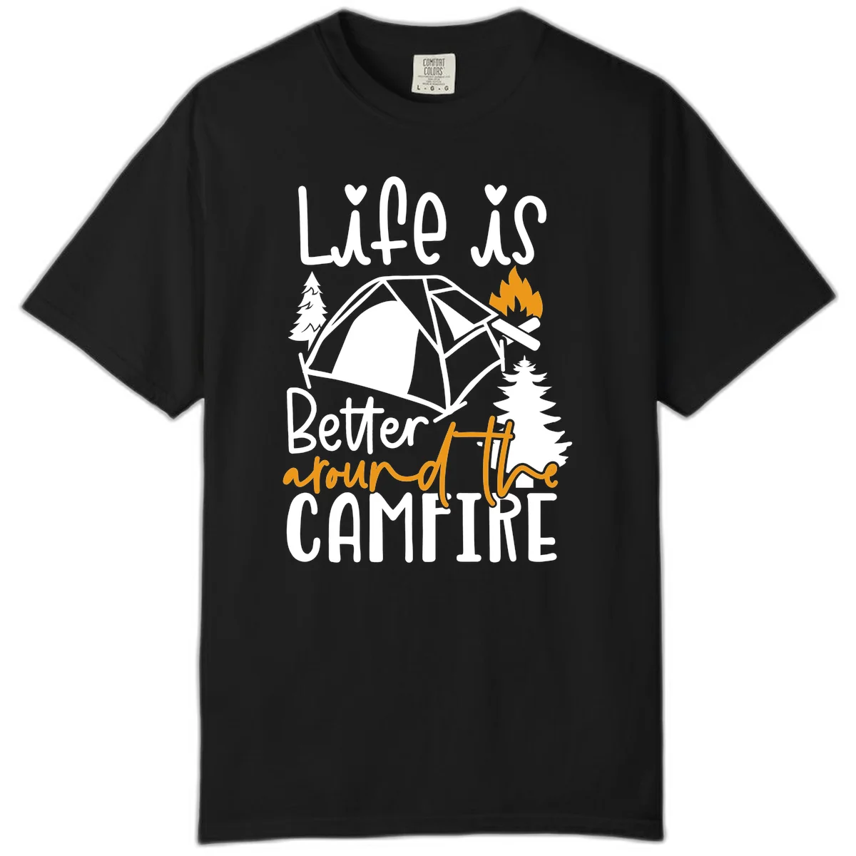 Campfire life better design with tent, campfire flames, pine trees, and hand-lettered text on gray background in Black