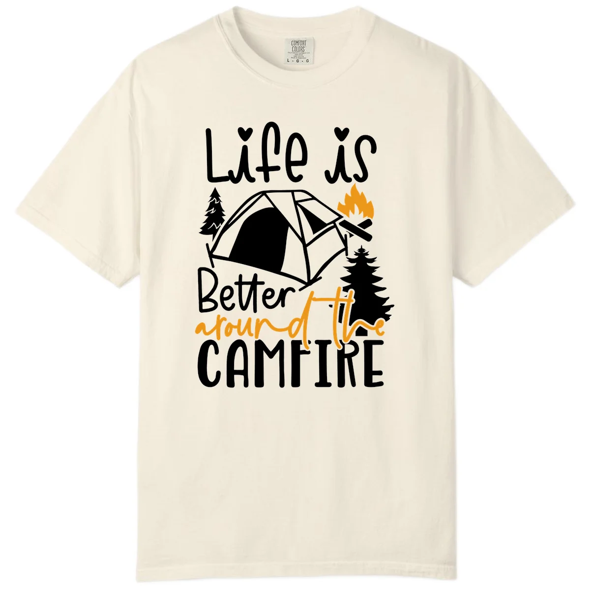 Campfire life better design with tent, campfire flames, pine trees, and hand-lettered text on gray background in Ivory