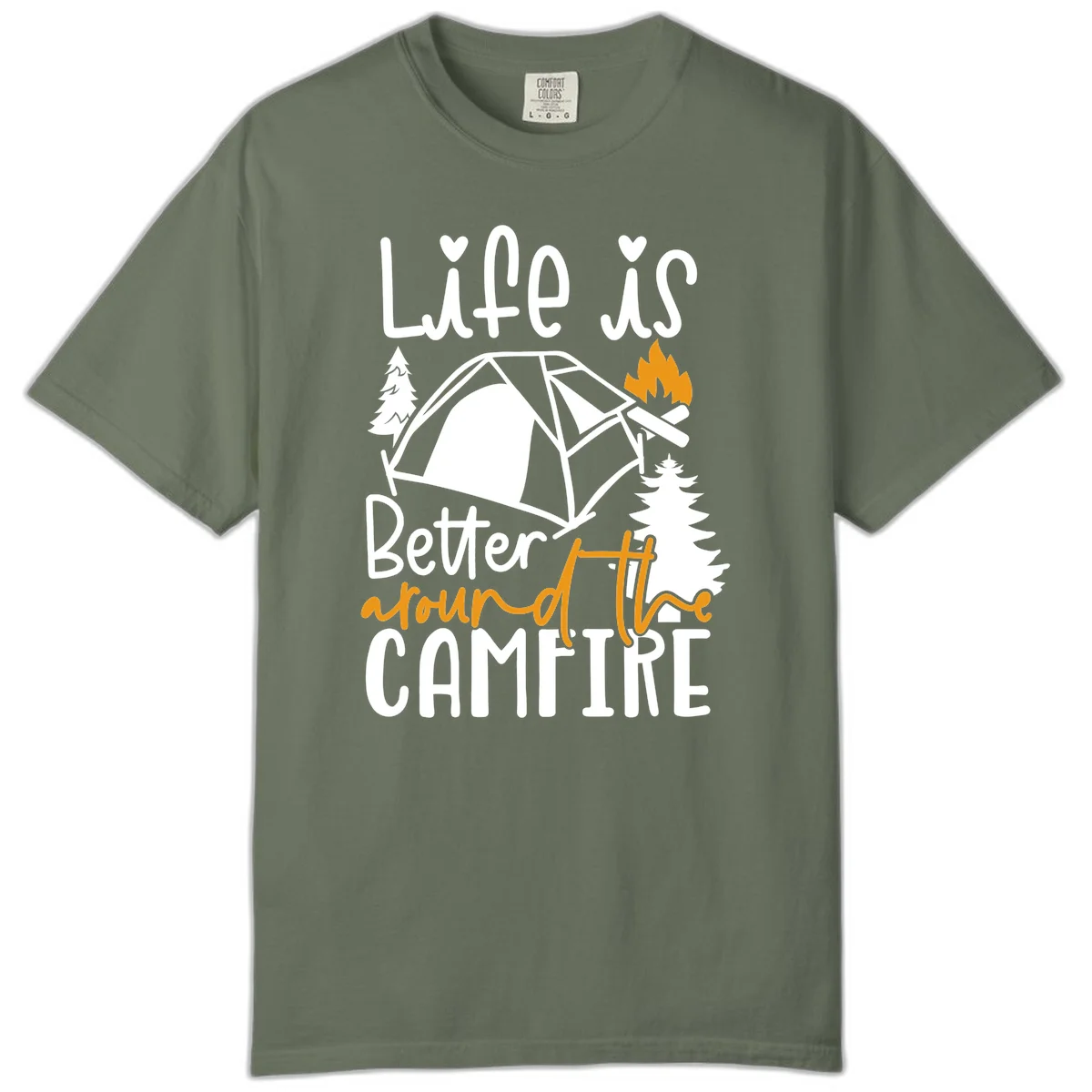 Campfire life better design with tent, campfire flames, pine trees, and hand-lettered text on gray background in Moss