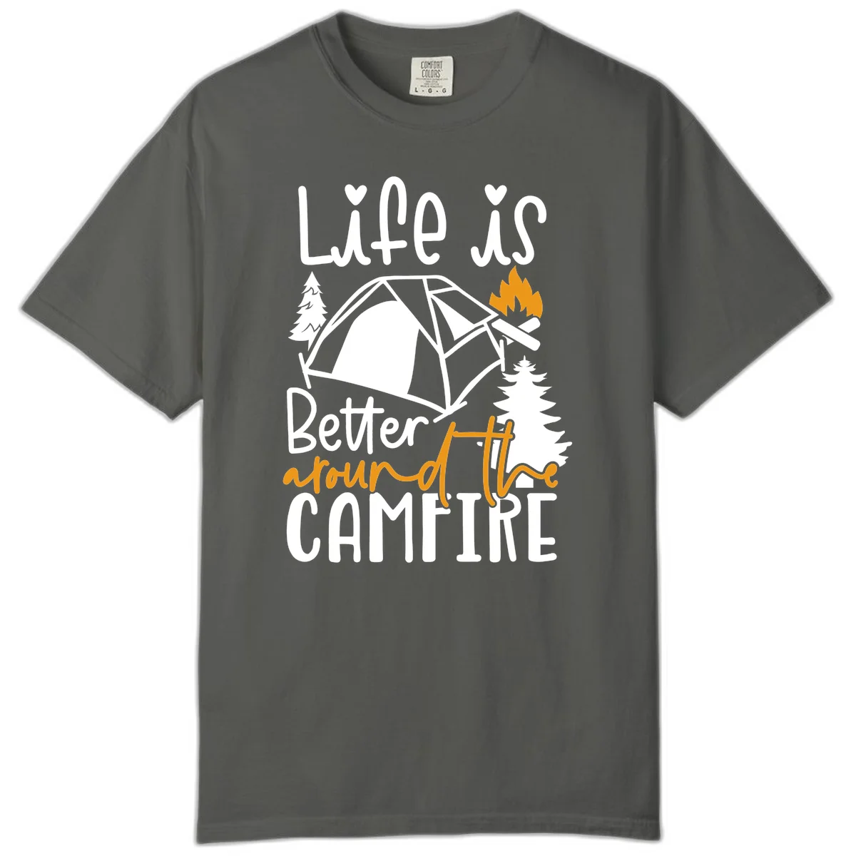 Campfire life better design with tent, campfire flames, pine trees, and hand-lettered text on gray background in Pepper
