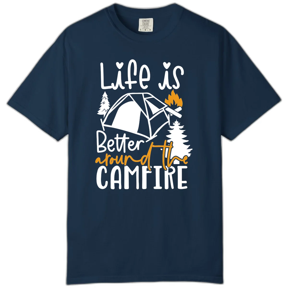 Campfire life better design with tent, campfire flames, pine trees, and hand-lettered text on gray background in True Navy