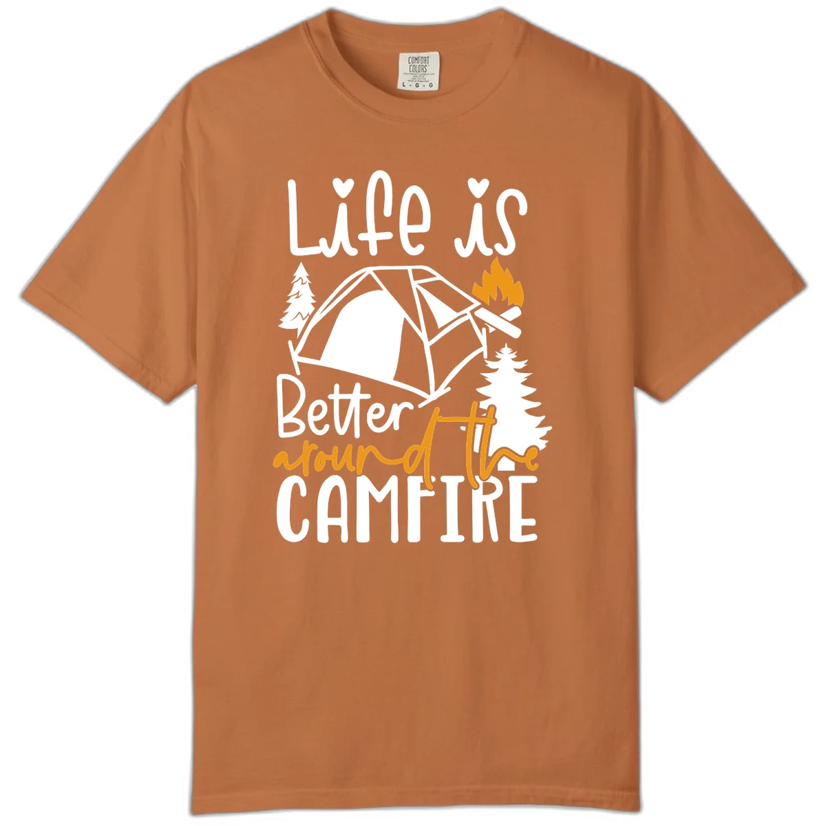 Campfire life better design with tent, campfire flames, pine trees, and hand-lettered text on gray background in Yam