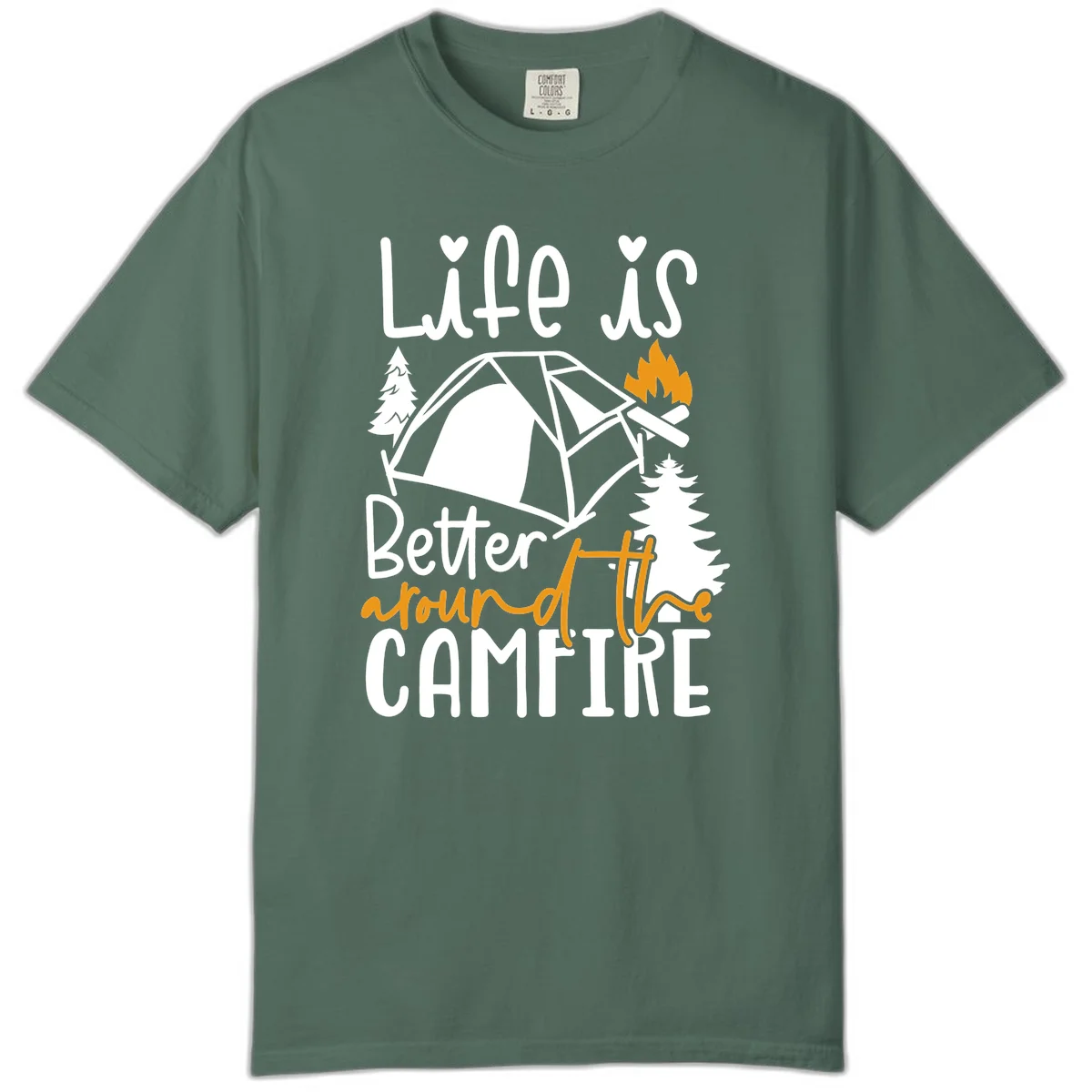 Campfire life better design with tent, campfire flames, pine trees, and hand-lettered text on gray background in Blue Spruce