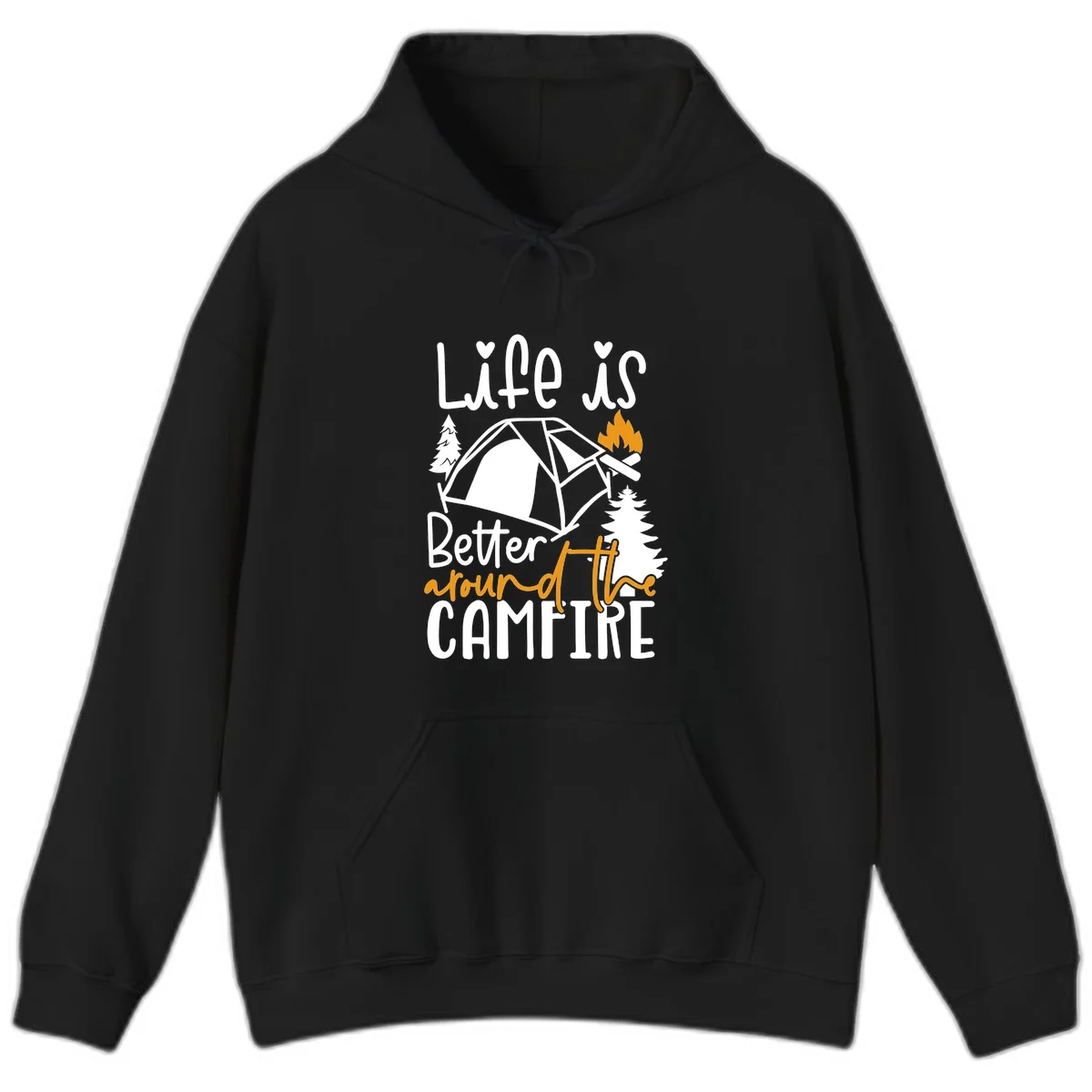 Campfire life better design with tent, campfire flames, pine trees, and hand-lettered text on gray background in Black