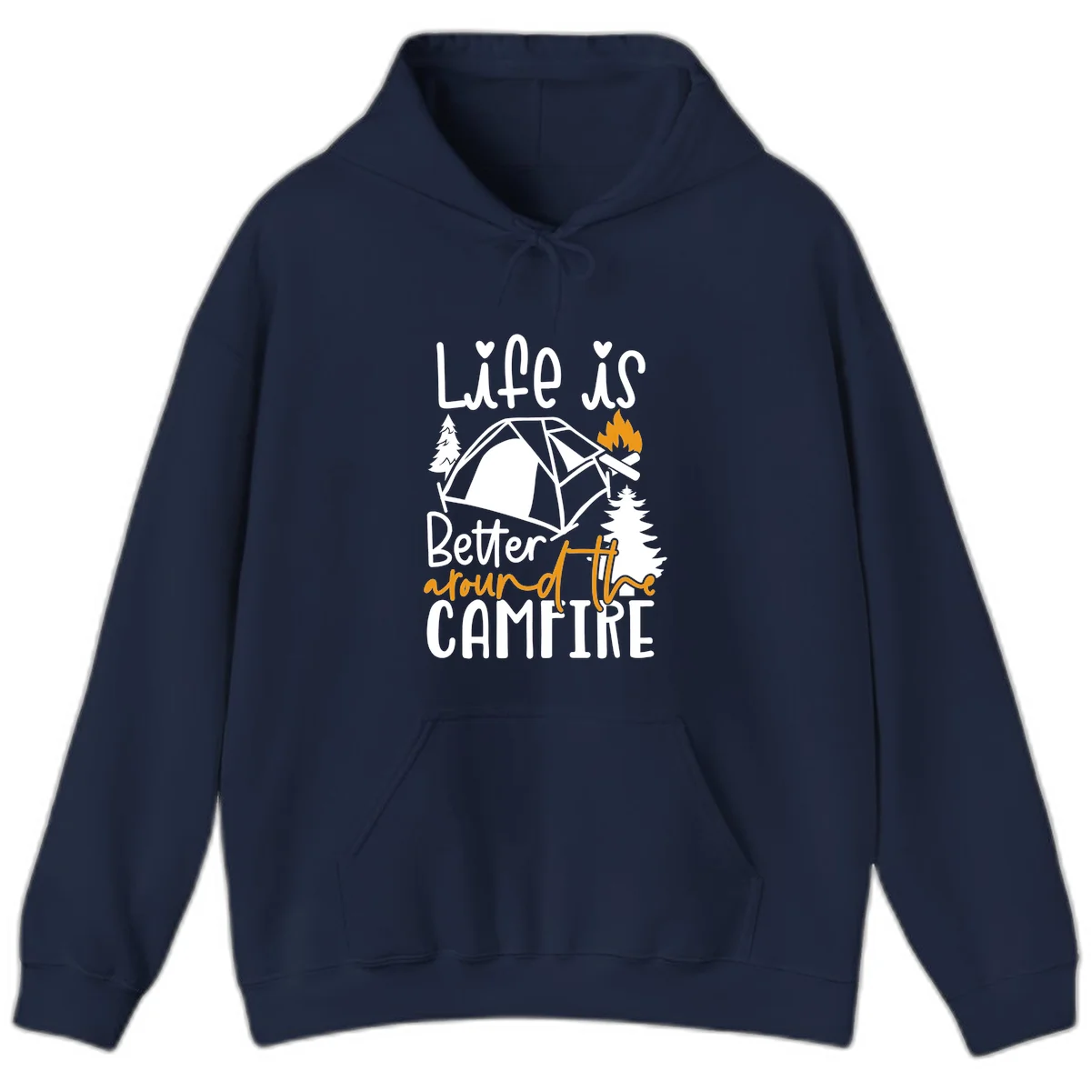 Campfire life better design with tent, campfire flames, pine trees, and hand-lettered text on gray background in Navy