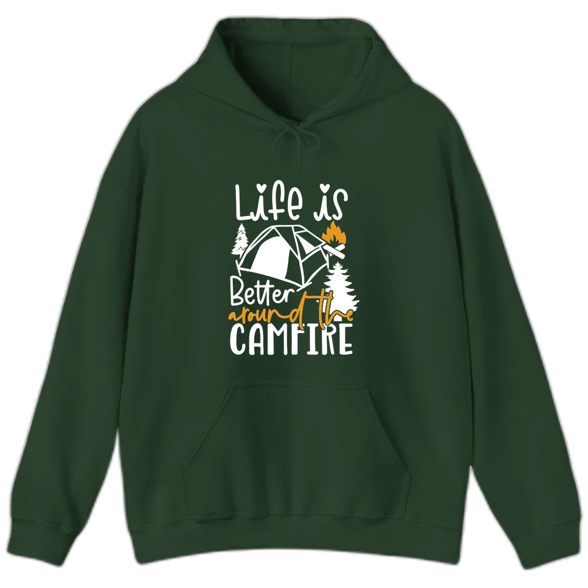 Campfire life better design with tent, campfire flames, pine trees, and hand-lettered text on gray background in Forest Green