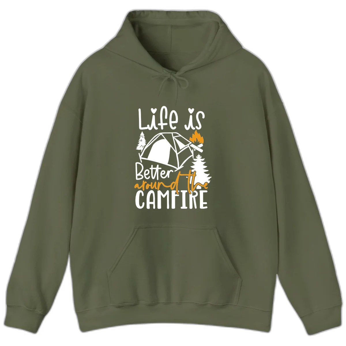 Campfire life better design with tent, campfire flames, pine trees, and hand-lettered text on gray background in Military Green