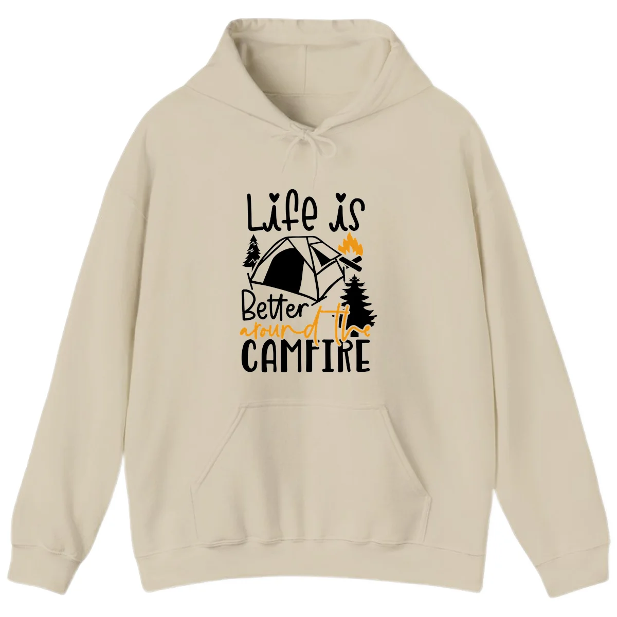 Campfire life better design with tent, campfire flames, pine trees, and hand-lettered text on gray background in Sand