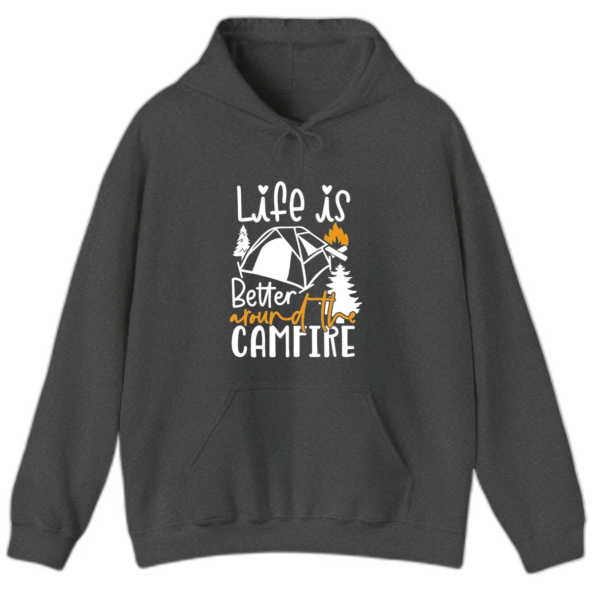 Campfire life better design with tent, campfire flames, pine trees, and hand-lettered text on gray background in Dark Heather