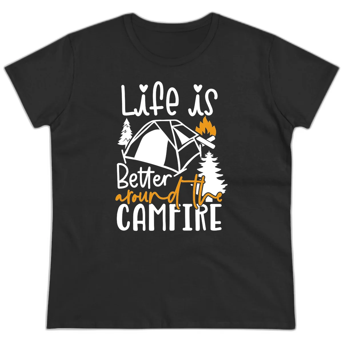 Campfire life better design with tent, campfire flames, pine trees, and hand-lettered text on gray background in Black