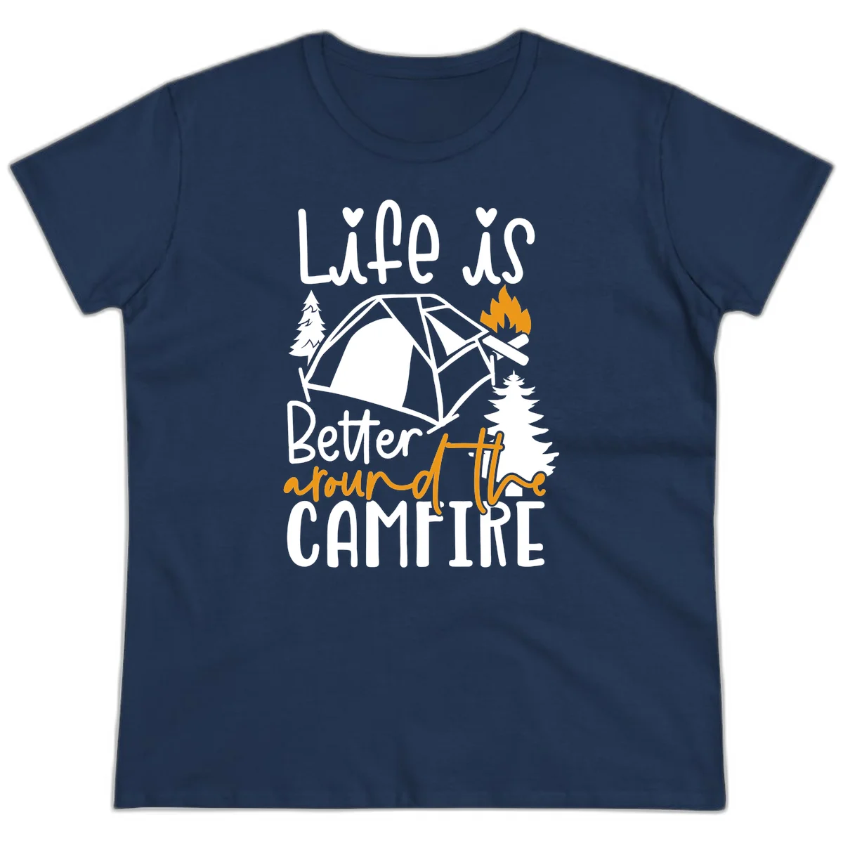 Campfire life better design with tent, campfire flames, pine trees, and hand-lettered text on gray background in Navy