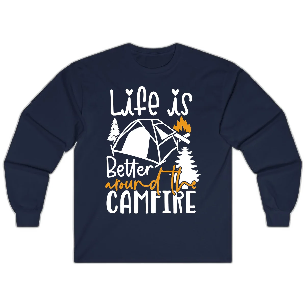 Campfire life better design with tent, campfire flames, pine trees, and hand-lettered text on gray background in Navy