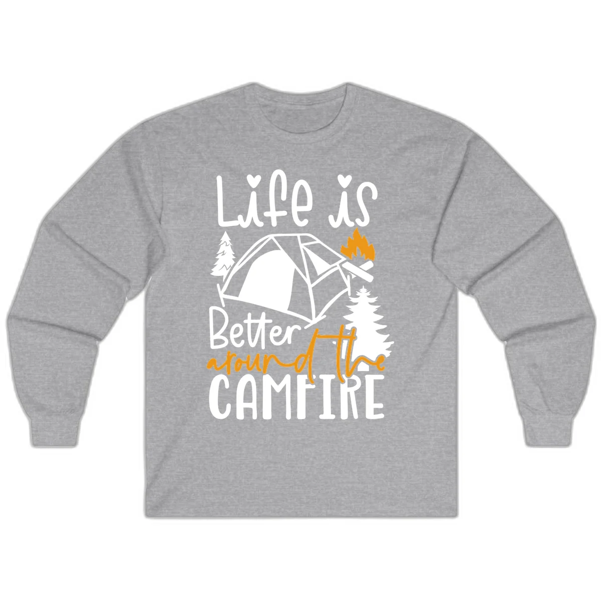Campfire life better design with tent, campfire flames, pine trees, and hand-lettered text on gray background in Sport Grey