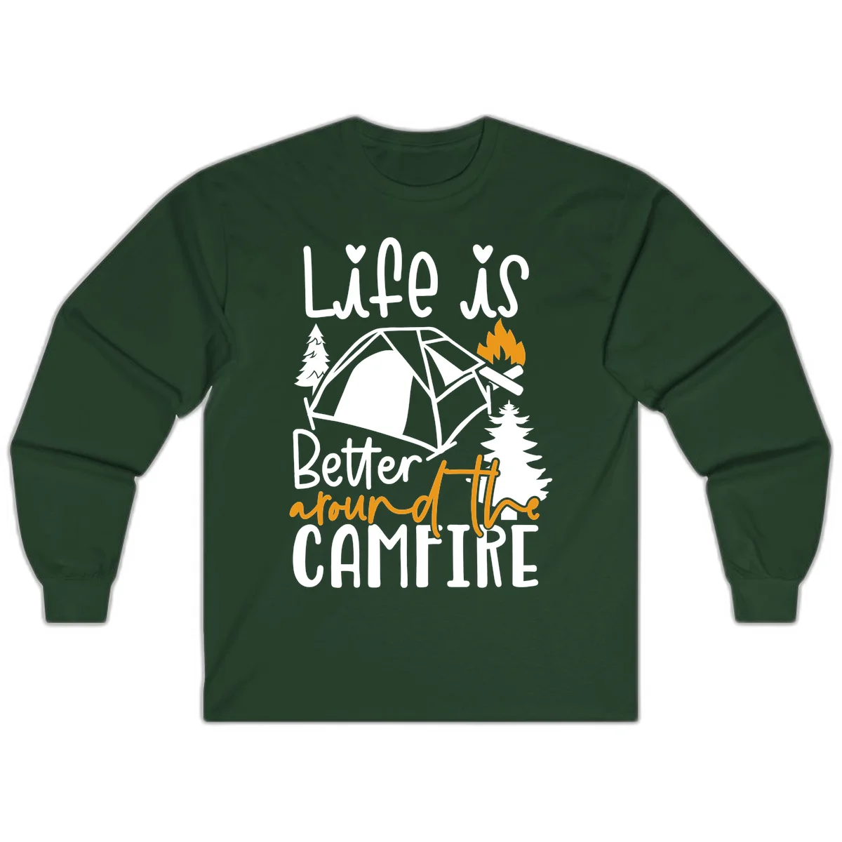 Campfire life better design with tent, campfire flames, pine trees, and hand-lettered text on gray background in Forest Green