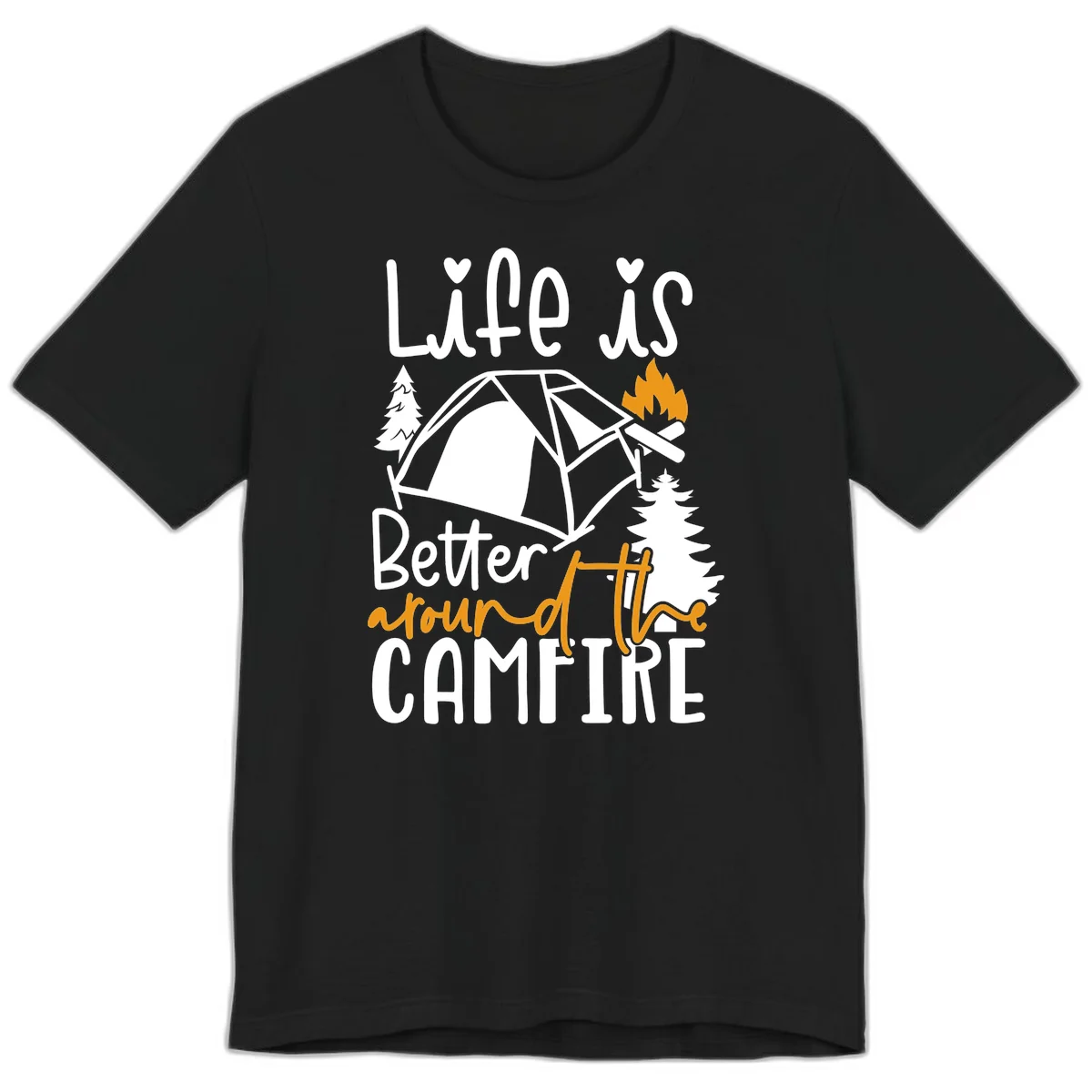 Campfire life better design with tent, campfire flames, pine trees, and hand-lettered text on gray background in Black
