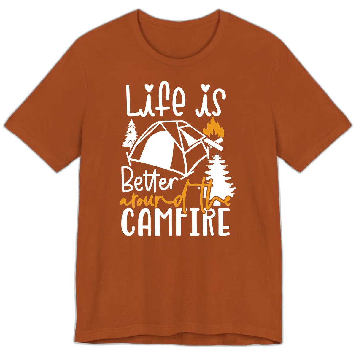 Campfire life better design with tent, campfire flames, pine trees, and hand-lettered text on gray background in Autumn