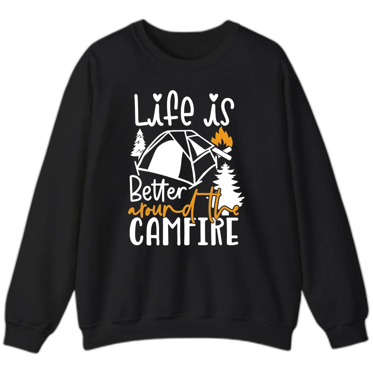 Campfire life better design with tent, campfire flames, pine trees, and hand-lettered text on gray background in Black