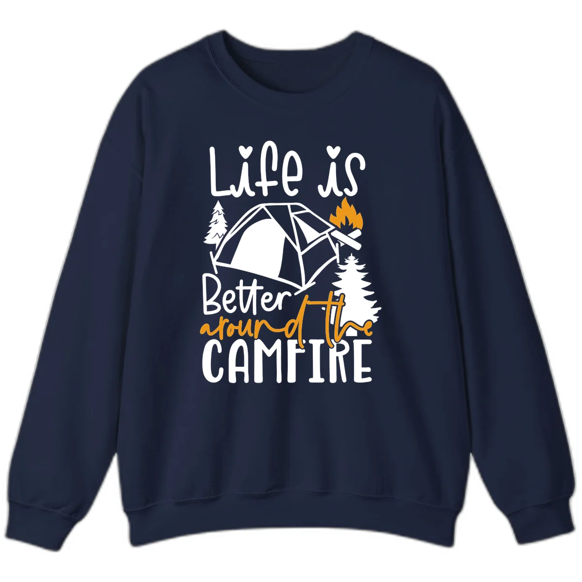 Campfire life better design with tent, campfire flames, pine trees, and hand-lettered text on gray background in Navy
