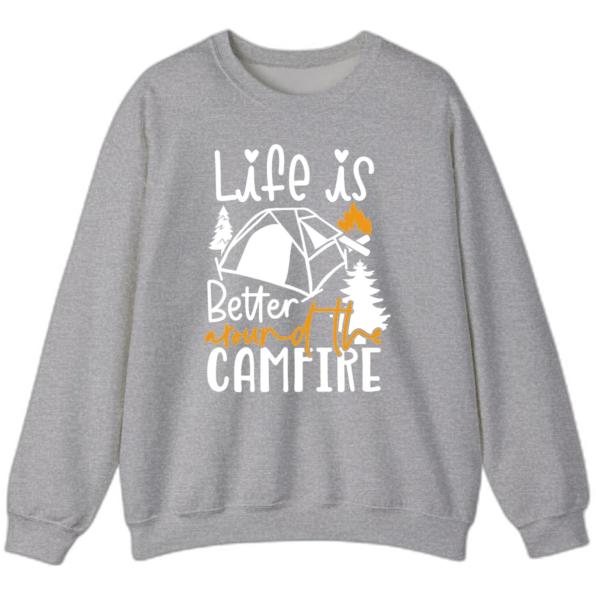 Campfire life better design with tent, campfire flames, pine trees, and hand-lettered text on gray background in Sport Grey
