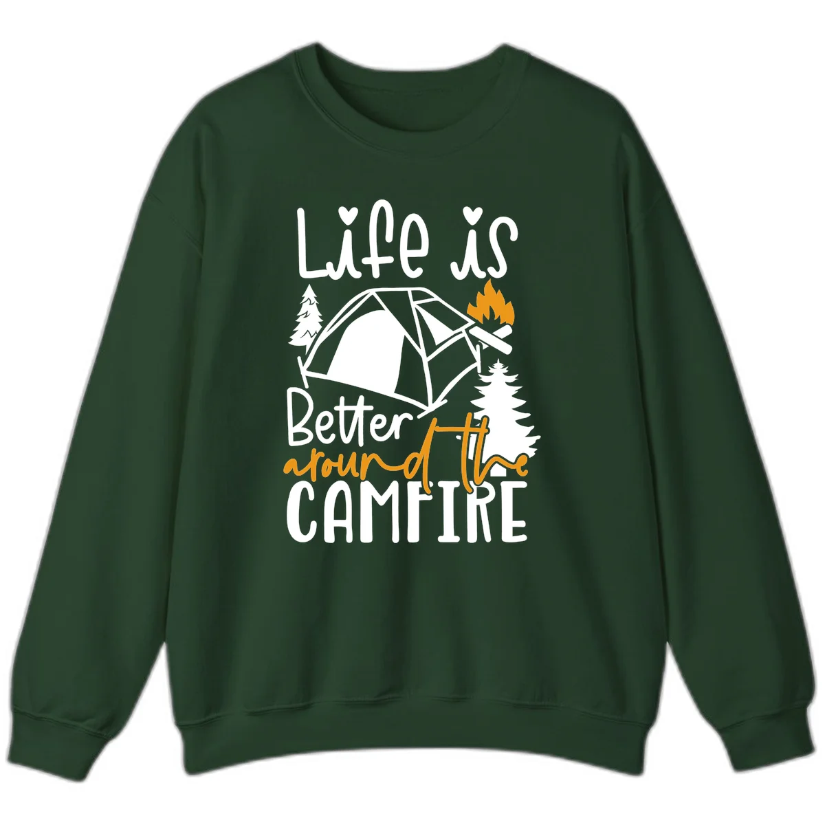 Campfire life better design with tent, campfire flames, pine trees, and hand-lettered text on gray background in Forest Green
