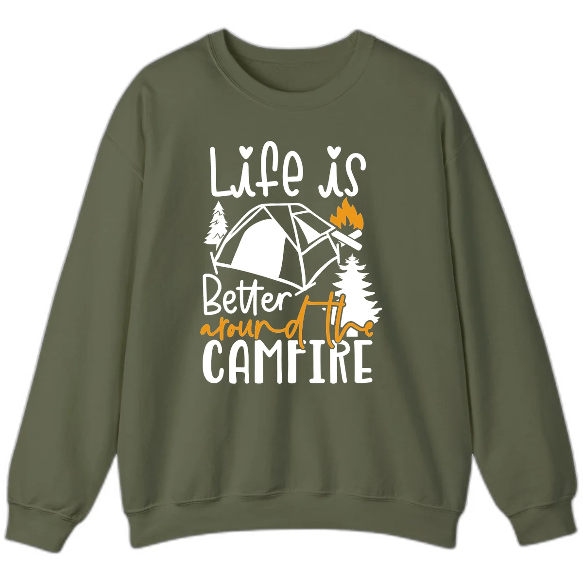 Campfire life better design with tent, campfire flames, pine trees, and hand-lettered text on gray background in Military Green