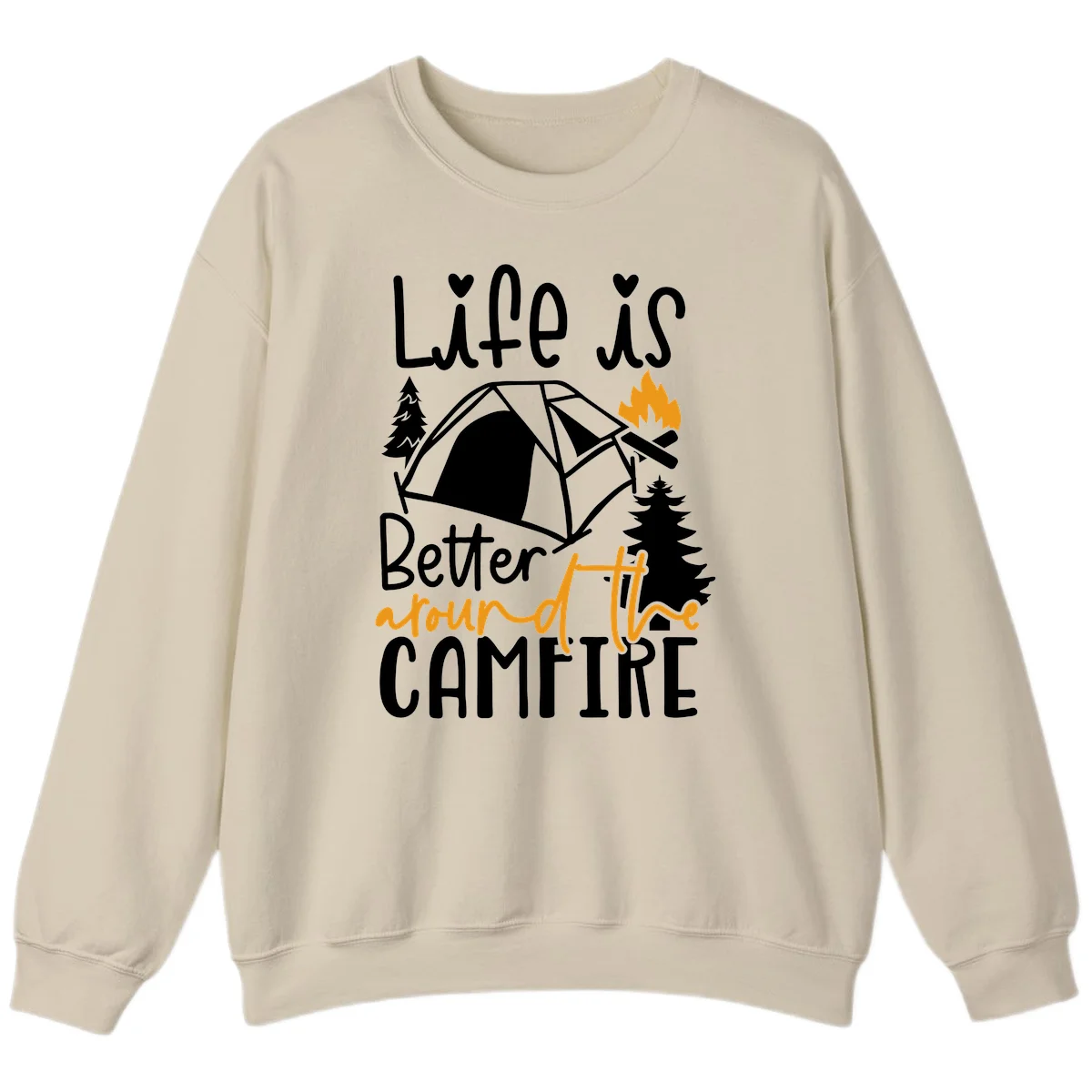 Campfire life better design with tent, campfire flames, pine trees, and hand-lettered text on gray background in Sand