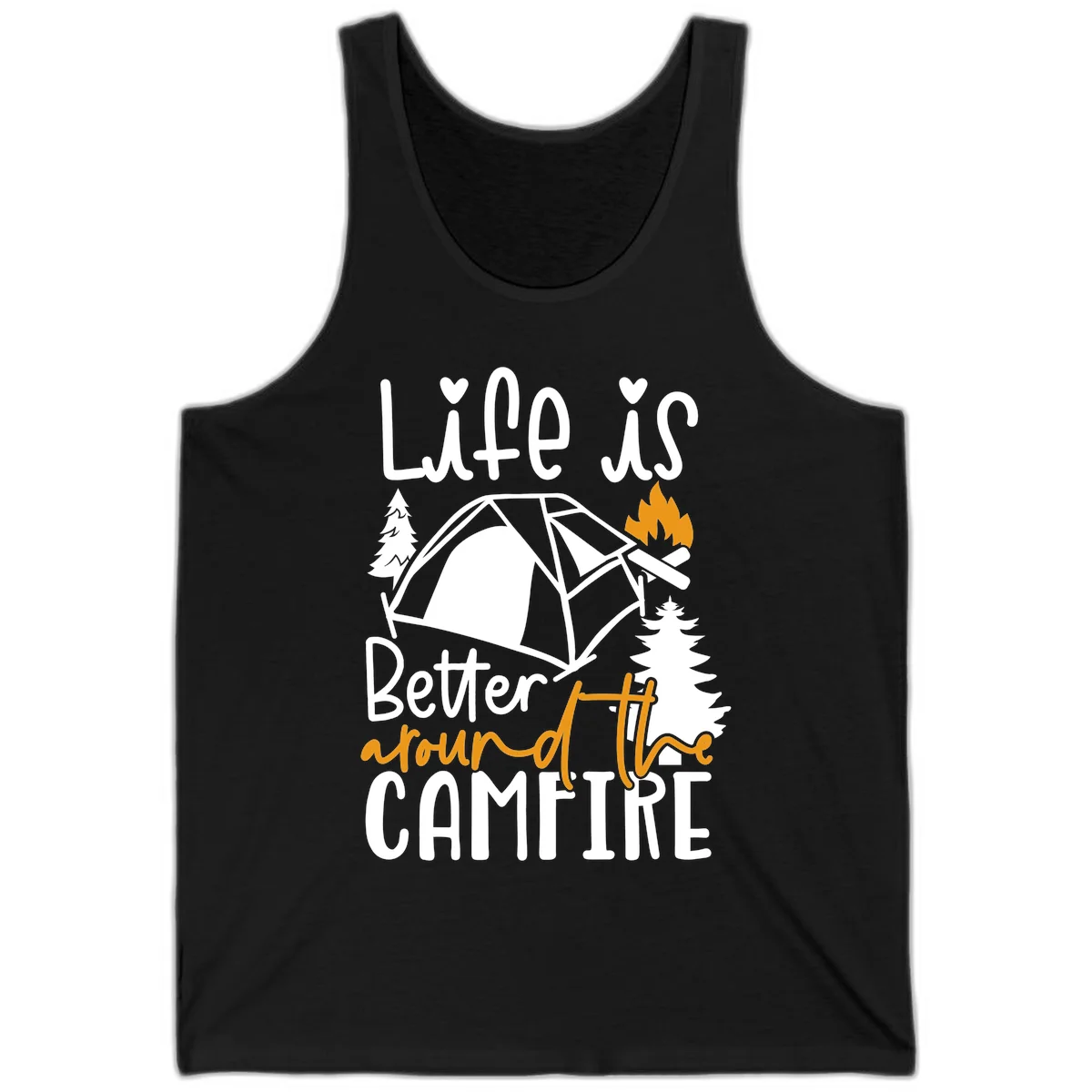 Campfire life better design with tent, campfire flames, pine trees, and hand-lettered text on gray background in Black