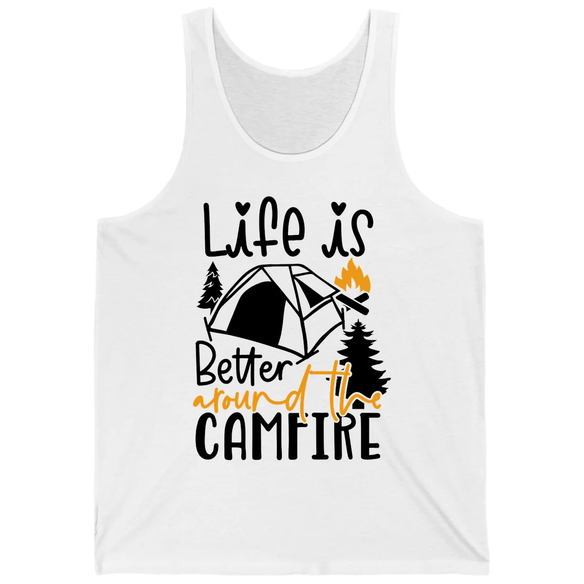 Campfire life better design with tent, campfire flames, pine trees, and hand-lettered text on gray background in White