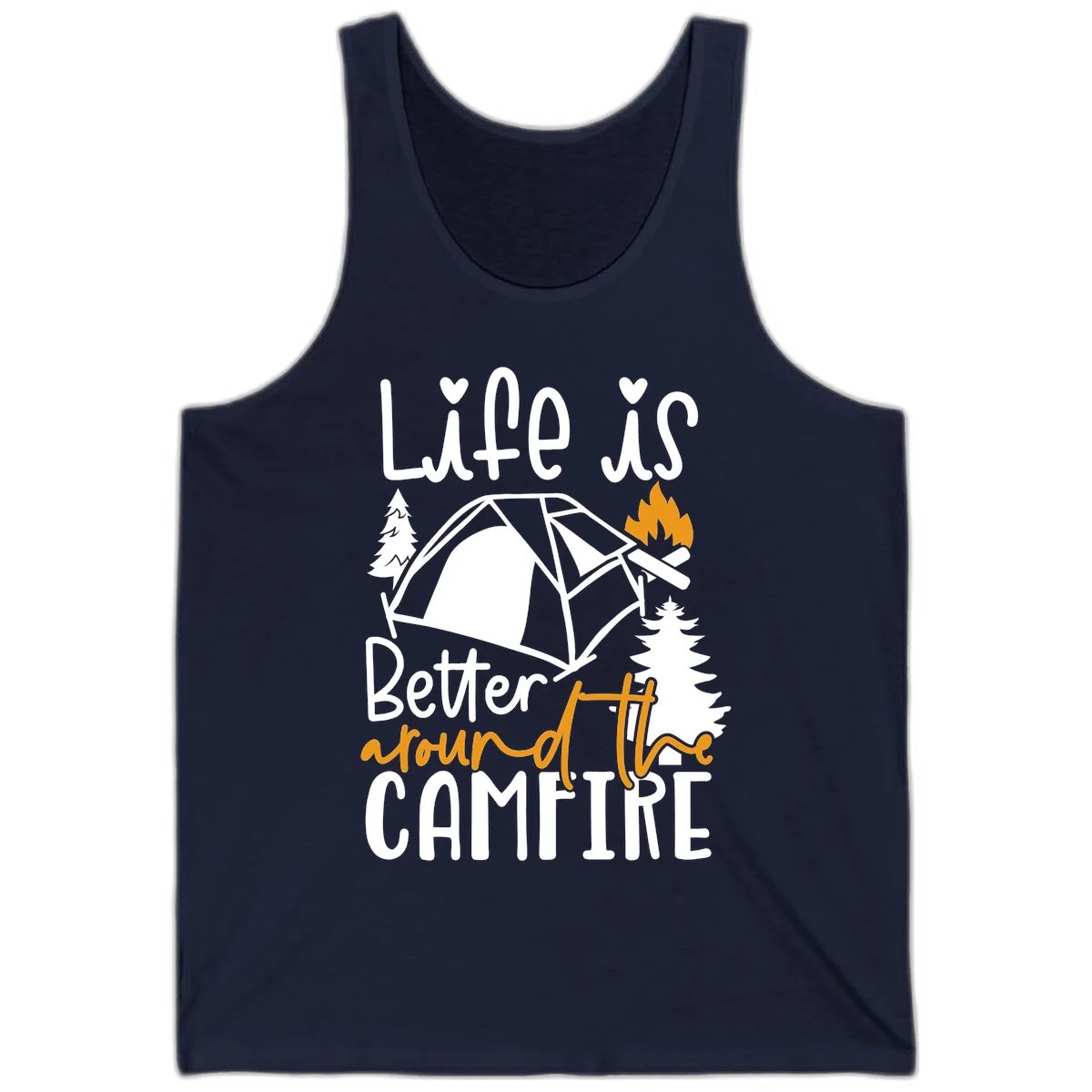 Campfire life better design with tent, campfire flames, pine trees, and hand-lettered text on gray background in Navy